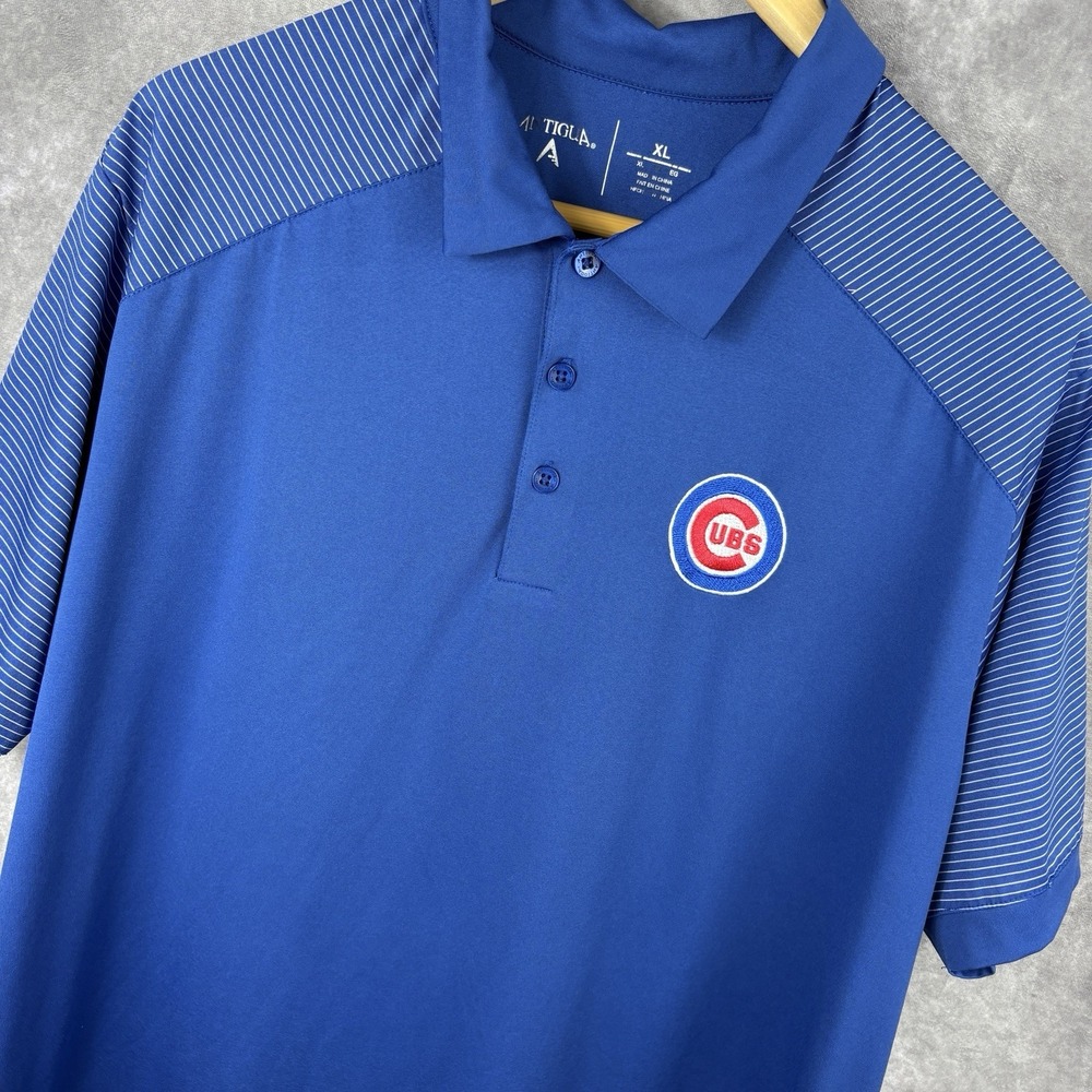 Chicago Cubs Polo Shirt Mens XL Short Blue Red Striped MLB‎ Embroidered Antigua